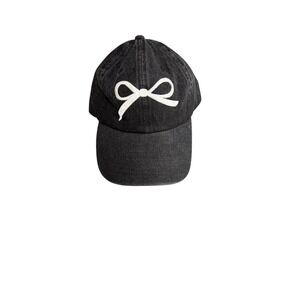 Newhattan Black Denim Baseball Cap with White Embroidered Bow Adjustable Hat